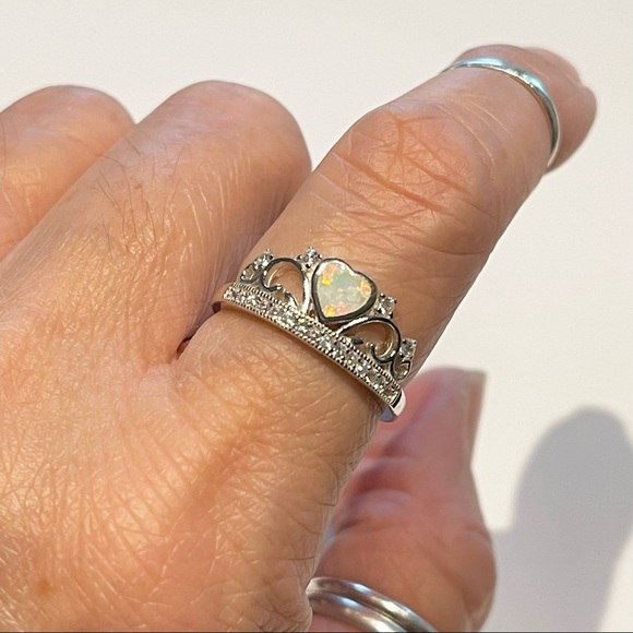 Sterling Silver White Lab Opal Heart with CZ Crown Ring, Silver Hearts Jewelry - Picture 5 of 12